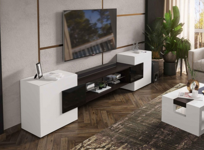 Тумба под ТВ Лисмор, с полками, белый / черный глянец