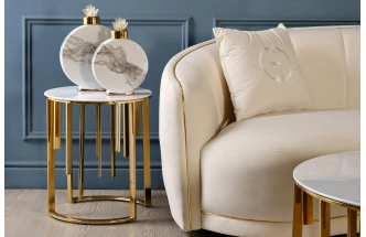 Журнальный стол GY-00012, 46x46x53, стекло в пленке в ПВХ, белый мрамор / золото 