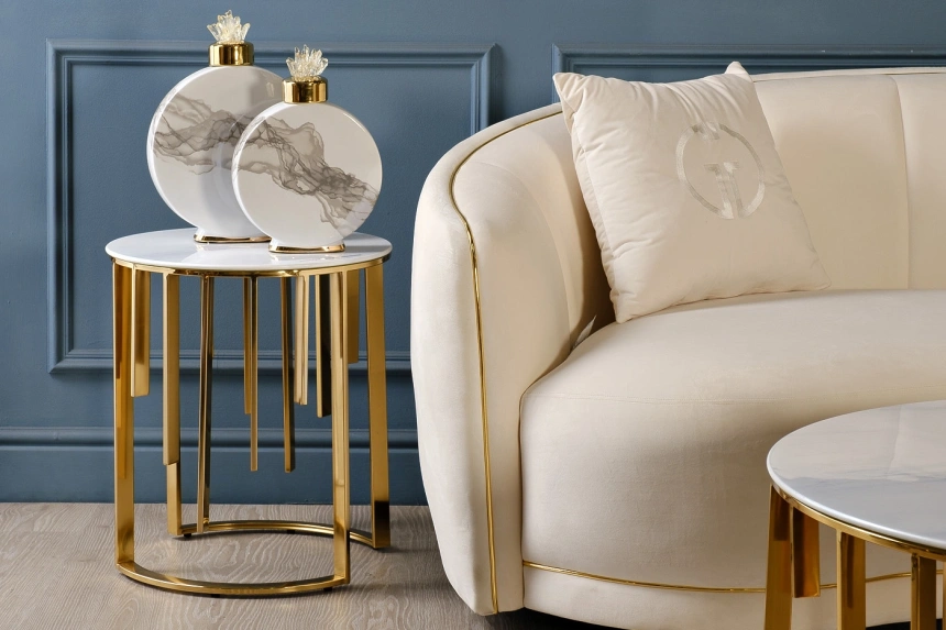 Журнальный стол GY-00012, 46x46x53, стекло в пленке в ПВХ, белый мрамор / золото 