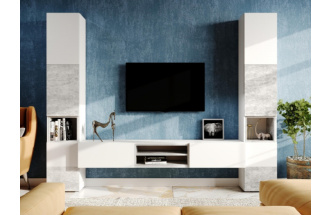 Тумба под ТВ Лонгфорд, с двумя ящиками и полками, белый / бетон светлый