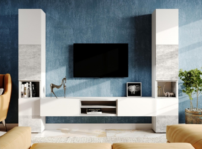 Тумба под ТВ Лонгфорд, с двумя ящиками и полками, белый / бетон светлый