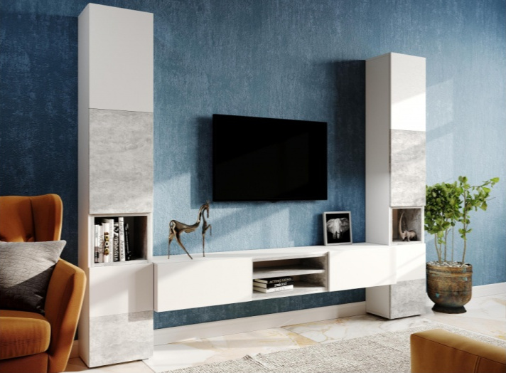 Тумба под ТВ Лонгфорд, с двумя ящиками и полками, белый / бетон светлый