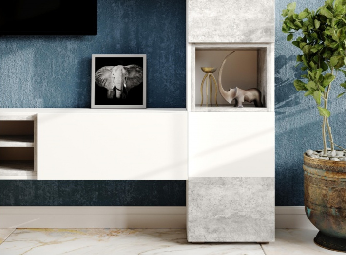 Тумба под ТВ Лонгфорд, с двумя ящиками и полками, белый / бетон светлый