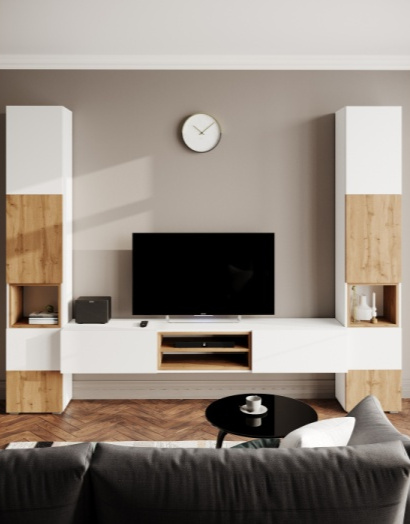 Тумба под ТВ Лонгфорд, с двумя ящиками и полками, белый / дуб вотан