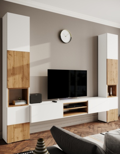 Тумба под ТВ Лонгфорд, с двумя ящиками и полками, белый / дуб вотан