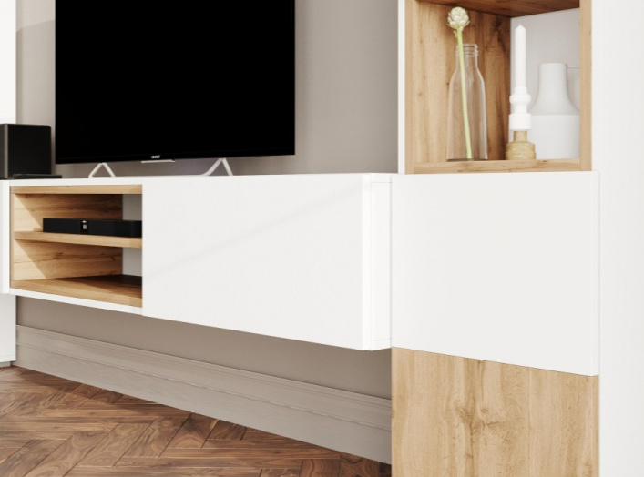 Тумба под ТВ Лонгфорд, с двумя ящиками и полками, белый / дуб вотан