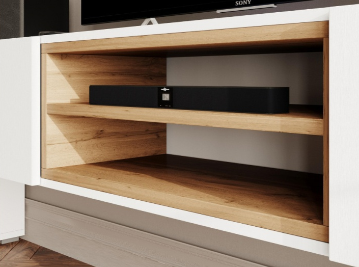 Тумба под ТВ Лонгфорд, с двумя ящиками и полками, белый / дуб вотан