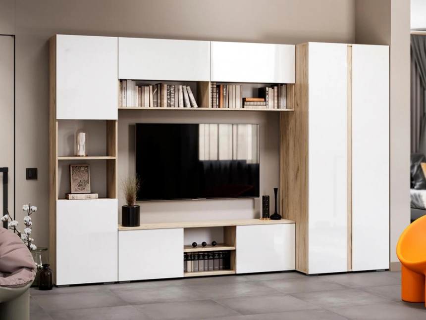 Тумба под ТВ Алетра, c полками, ТБ01-1600, дуб крафт серый / глянец белый