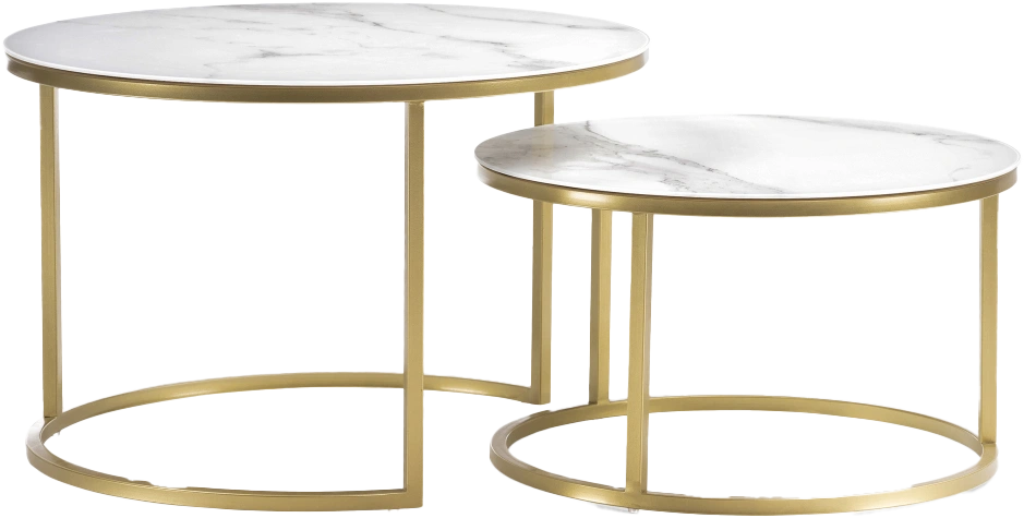Комплект журнальных столов Плумерия, стекло, белый мрамор, каркас золотой