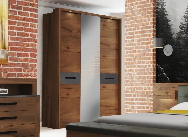 Шкаф трехдверный Глазго, распашной с зеркалом, металл бруклин / таксония