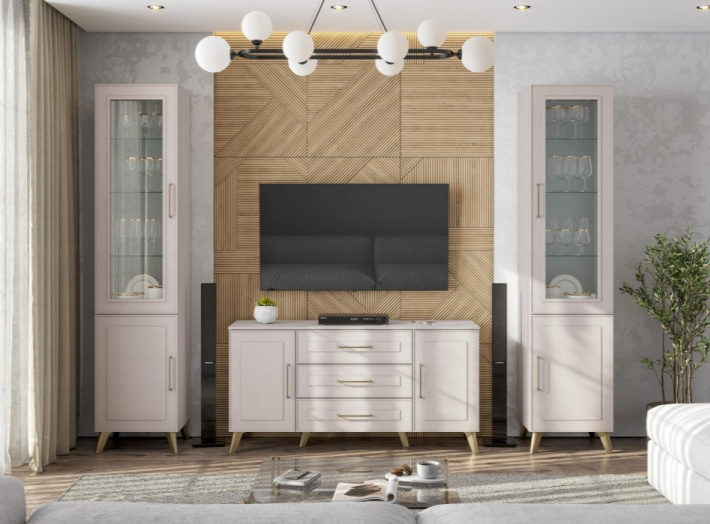 Шкаф витрина Мотру, распашной с полками, кашемир / шампань