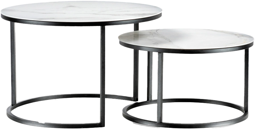 Комплект журнальных столов Плумерия, стекло, белый мрамор, каркас черный