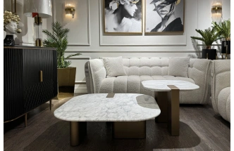 Журнальный стол Brandon, 100x100x30, мрамор, белый мрамор / латунь