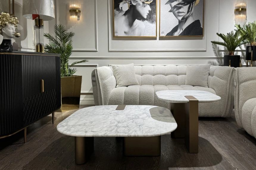 Журнальный стол Brandon, 100x100x30, мрамор, белый мрамор / латунь