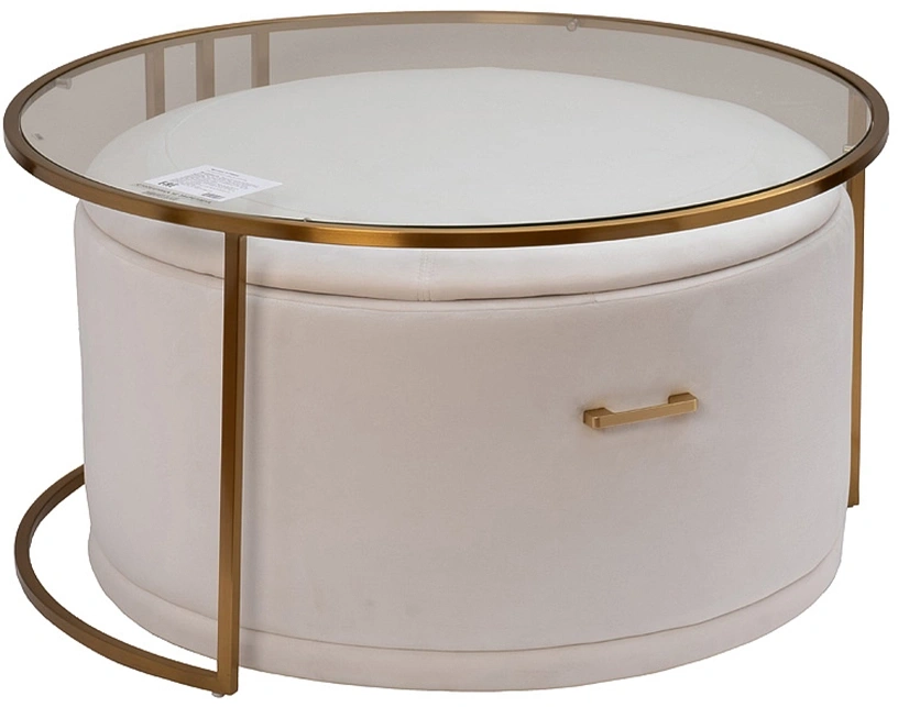 Журнальный стол GY-08549 с пуфом, 84.5x84.5x47, стекло, прозрачный / золото