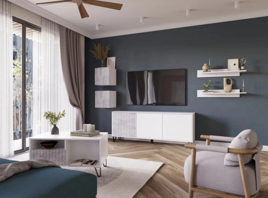 Шкаф навесной Эннис, белый / бетон светлый