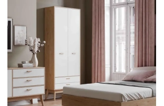 Шкаф двухдверный Калгари, распашной с ящиками, дуб натуральный светлый / белый матовый