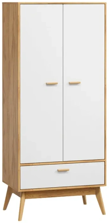 Шкаф двухдверный Калгари, с ящиком, дуб натуральный светлый / белый матовый