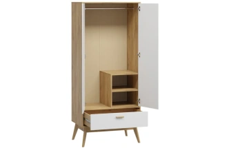 Шкаф двухдверный Калгари, с ящиком, дуб натуральный светлый / белый матовый