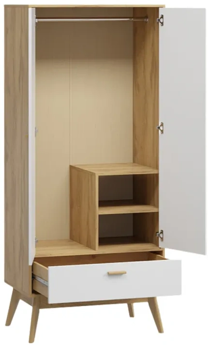 Шкаф двухдверный Калгари, с ящиком, дуб натуральный светлый / белый матовый