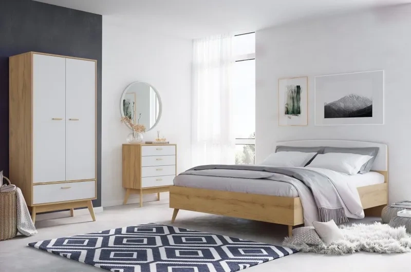 Шкаф двухдверный Калгари, с ящиком, дуб натуральный светлый / белый матовый