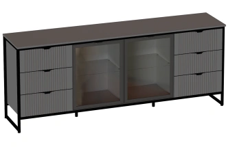 Тумба Нора, со стеклянными дверями, с полками и ящиками, металл бруклин / графит