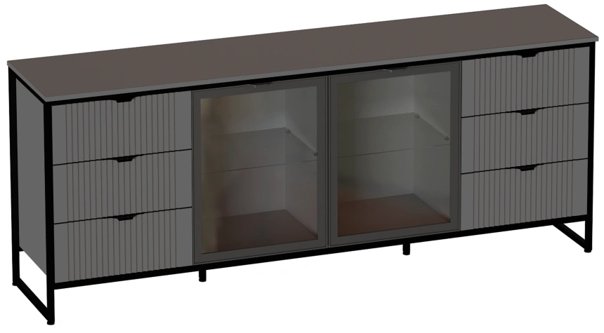 Тумба Нора, со стеклянными дверями, с полками и ящиками, металл бруклин / графит