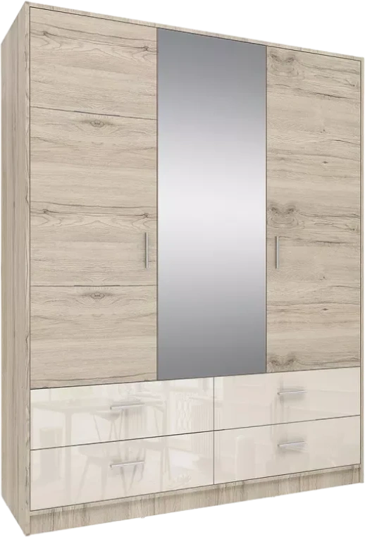 Шкаф трехдверный с зеркалом и ящиками Лациа, Дуб санремо / Крем бежевый