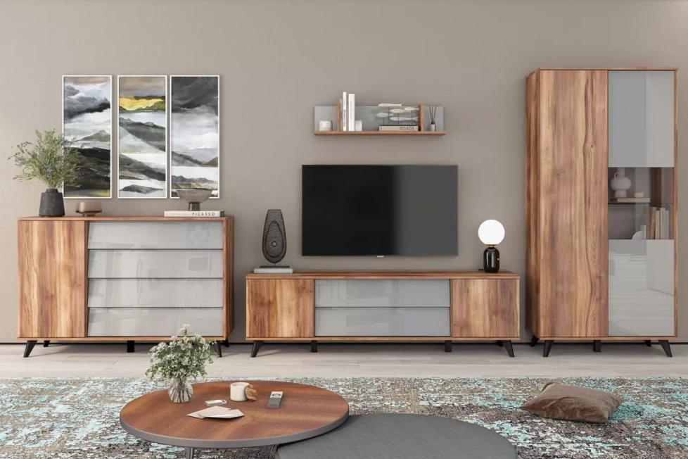 Гостиная модульная Онтарио 1, Дуб Барокко янтарный / Серый Асфальт глянец