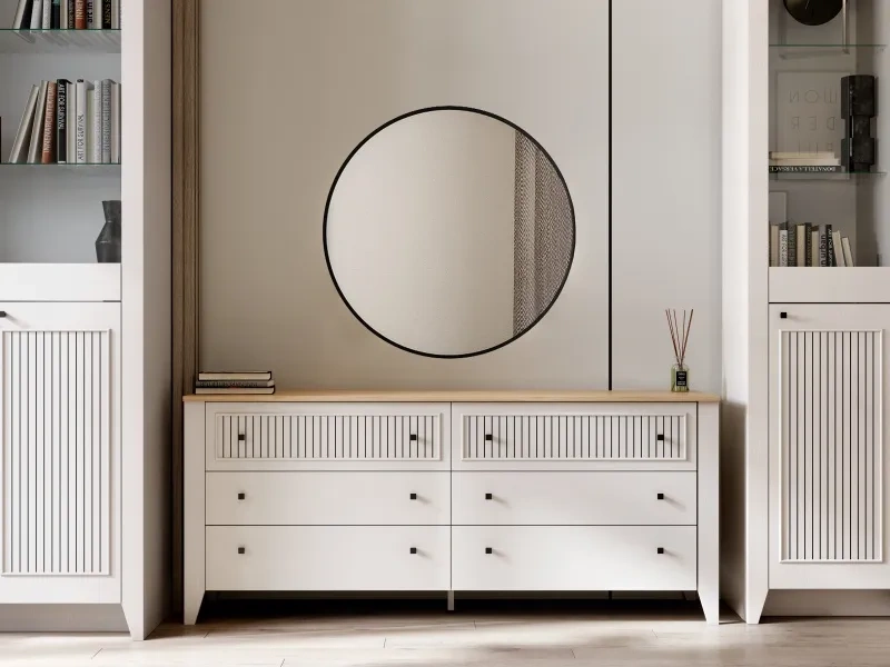 Комод Валенсия, на ножках, с шестью ящиками, персидский жемчуг / дуб натуральный светлый