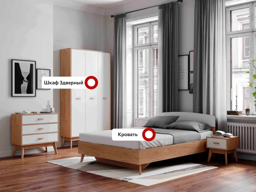 Спальный гарнитур Калгари, композиция #3, дуб натуральный светлый / белый матовый