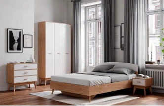 Спальный гарнитур Калгари, композиция #4, дуб натуральный светлый / белый матовый