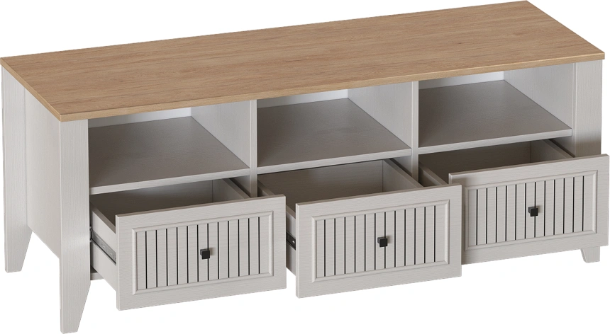 Тумба ТВ Валенсия, с тремя ящиками, персидский жемчуг / дуб натуральный светлый