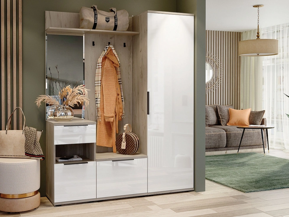 Модульная прихожая Альянс 1, дуб крафт / белый глянец