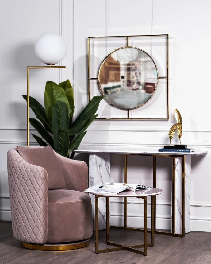 Журнальный стол 30B-855-2X, 60x60x48, МДФ с полимерным покрытием под мрамор, светло-серый / золото