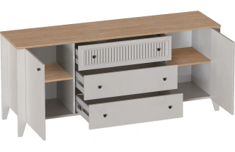 Тумба ТВ Валенсия, с тремя ящиками и полками, персидский жемчуг / дуб натуральный светлый