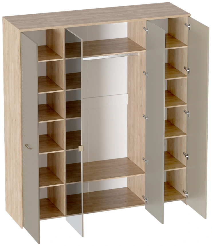Шкаф четырехдверный Гавана, с зеркалом, дуб натуральный светлый / светло-серый софт