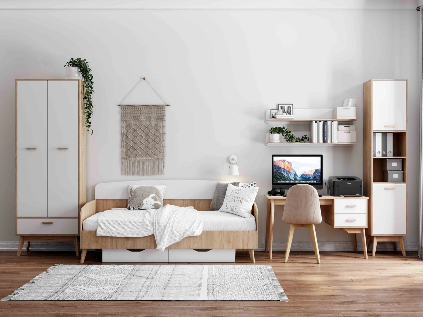 Шкаф двухдверный Калгари, распашной, дуб светлый / белый матовый