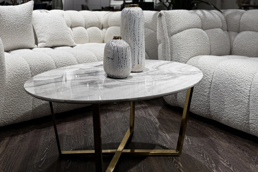 Журнальный стол 30B-855-1, 120x65x41, МДФ с полимерным покрытием под мрамор, белый / золото