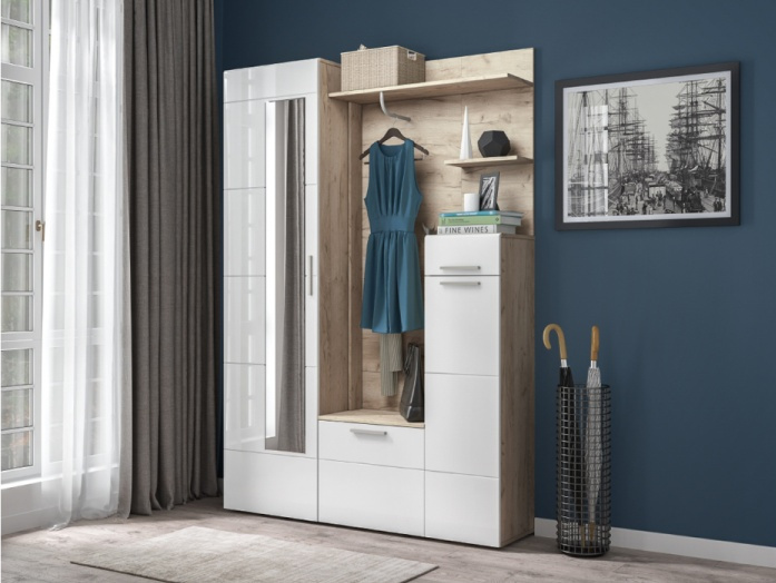 Шкаф одностворчатый Лайн, распашной с зеркалом, дуб серый craft K 002 PW / белый глянец 