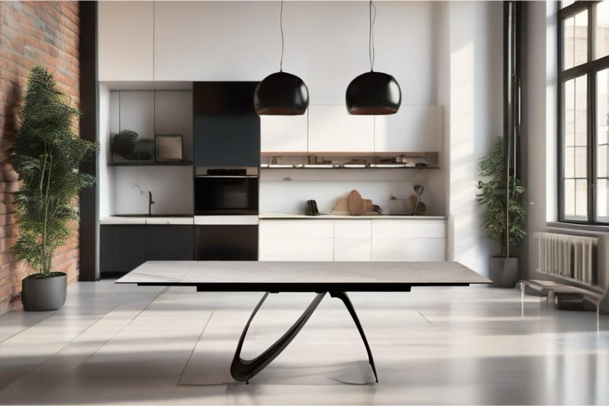 Обеденный раздвижной стол 169DT-92055, 160(240), керамика, бежевый мрамор / черный