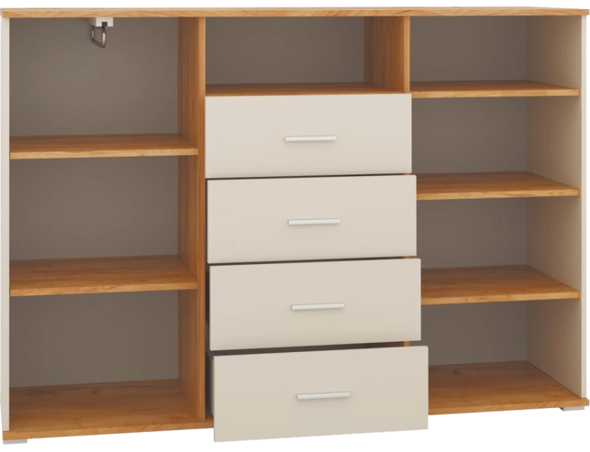 Комод Кассандра, с четырьмя и полками, дуб крафт золотой / кашемир