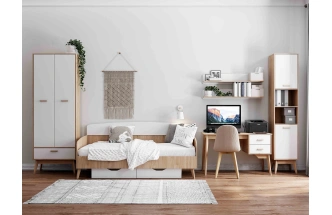 Стеллаж Калгари, на ножках, дуб светлый / белый матовый