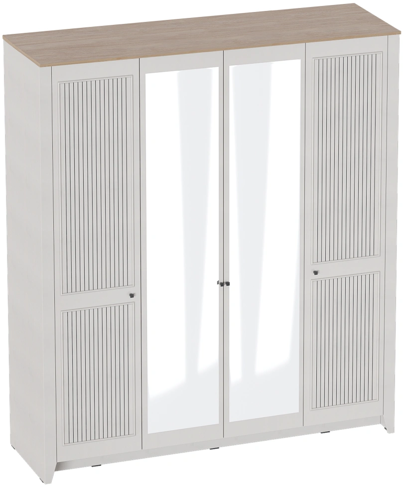 Шкаф четырехдверный Валенсия, распашной с зеркалом, персидский жемчуг / дуб натуральный светлый