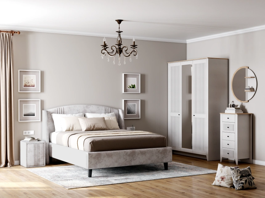 Комод Валенсия, на ножках, с пятью ящиками, персидский жемчуг / дуб натуральный светлый