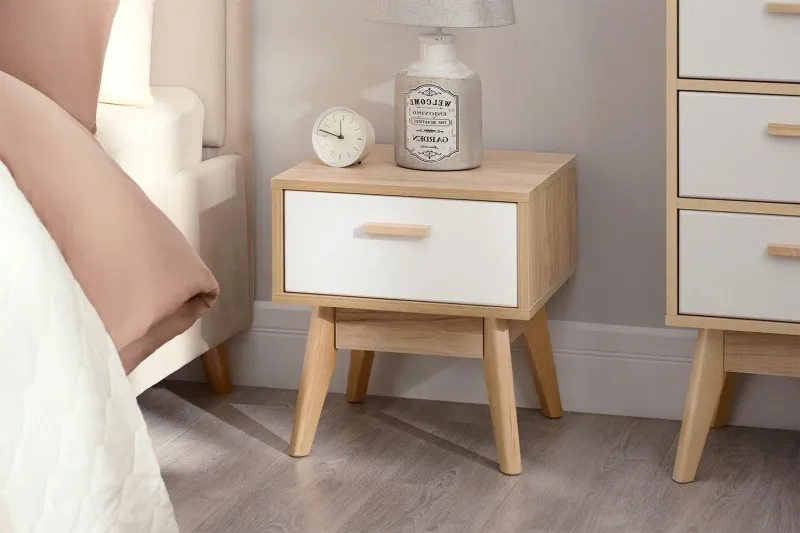 Тумба прикроватная Калгари, с ящиком, дуб натуральный светлый / белый матовый