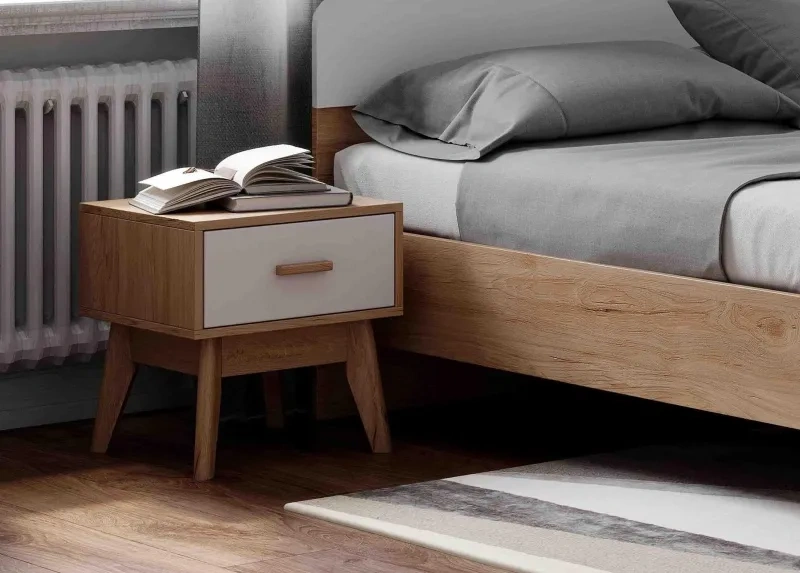 Тумба прикроватная Калгари, с ящиком, дуб натуральный светлый / белый матовый