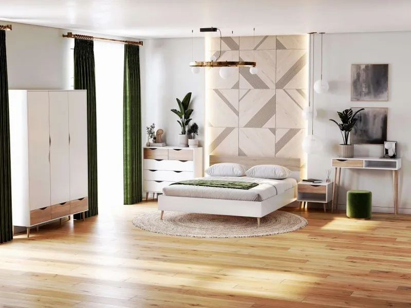 Комод Соната, на ножках, с восьмью ящиками, белый фон / дуб сонома