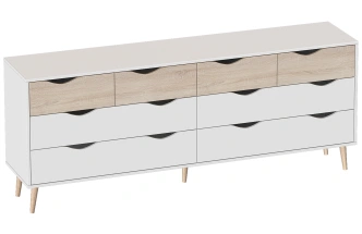 Комод Соната, на ножках, с восьмью ящиками, белый фон / дуб сонома