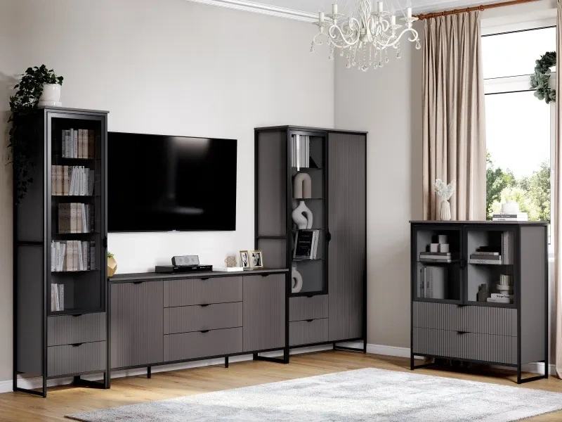 Тумба Нора, с полками и двумя ящиками, металл бруклин / графит